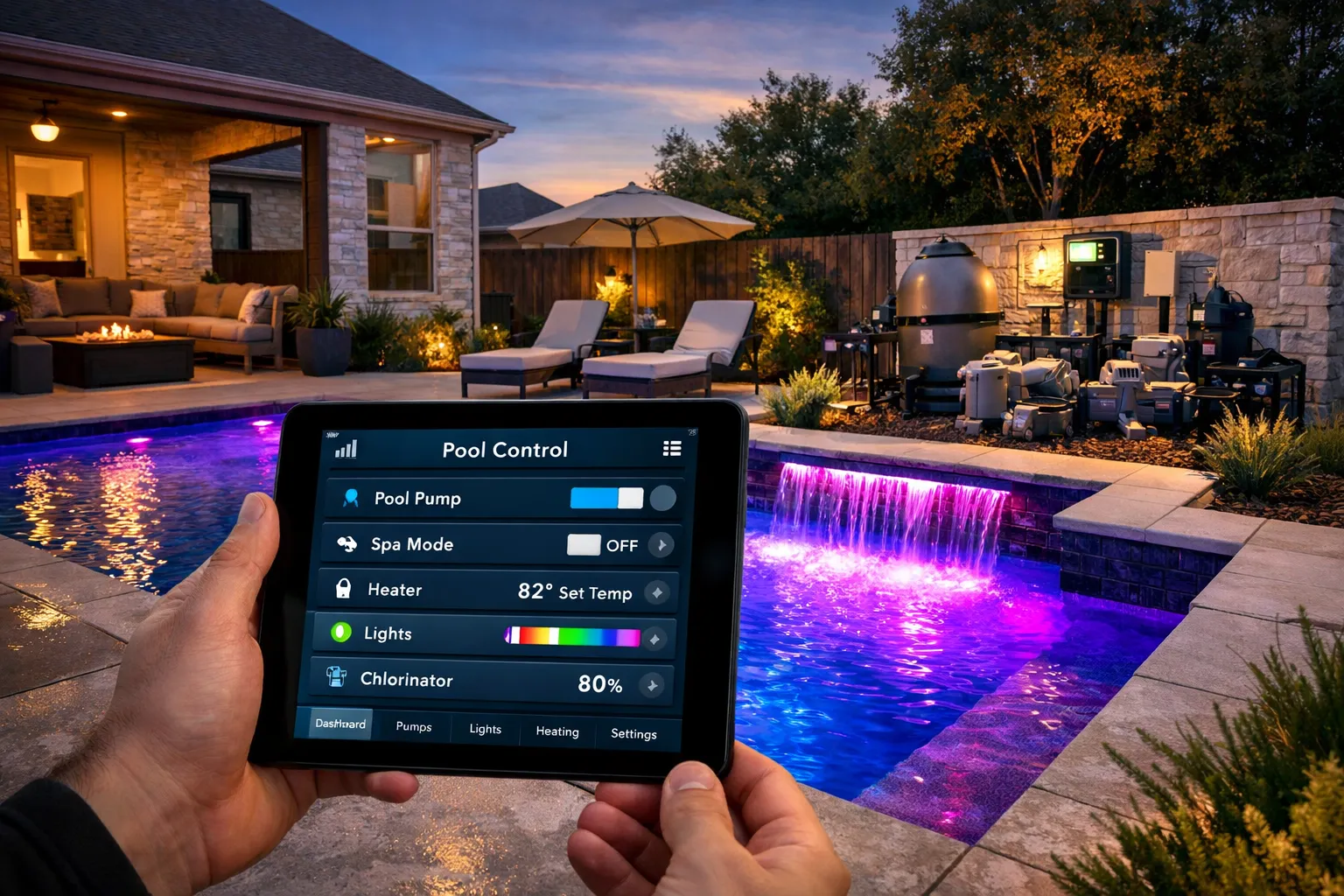 Smart pool automation system controlling pumps and lighting in a Round Rock backyard pool