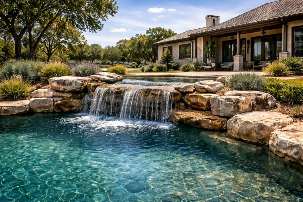 Natural rock waterfall water feature in a Dripping Springs backyard pool