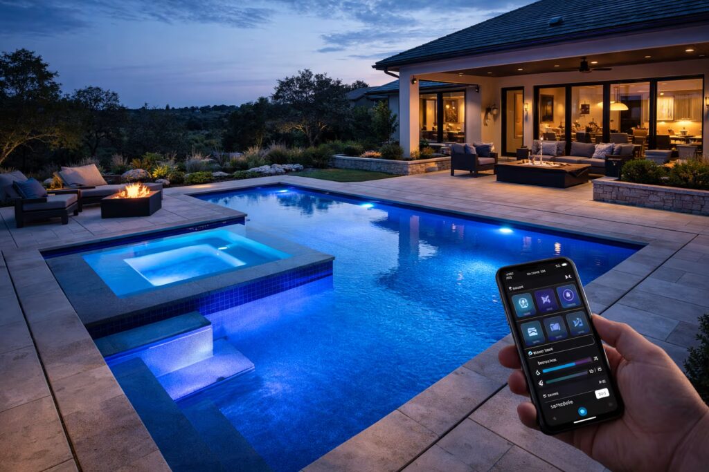Luxury backyard pool in Lakeway with smart pool technology, automated lighting, and modern outdoor living features