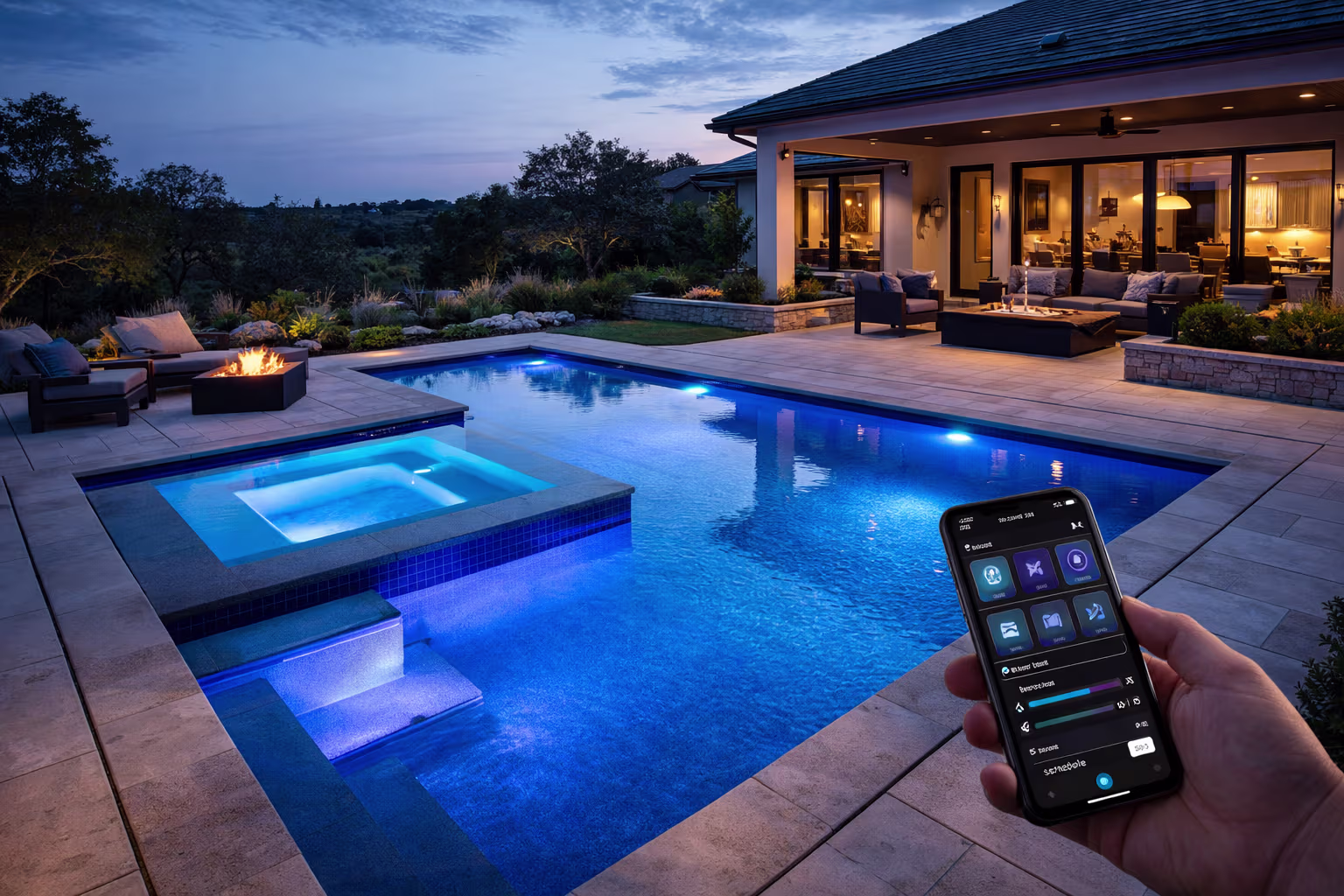 Luxury backyard pool in Lakeway with smart pool technology, automated lighting, and modern outdoor living features