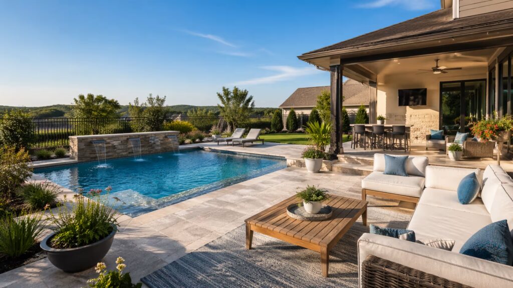 outdoor living Georgetown backyard with poolside design landscaping and seating area