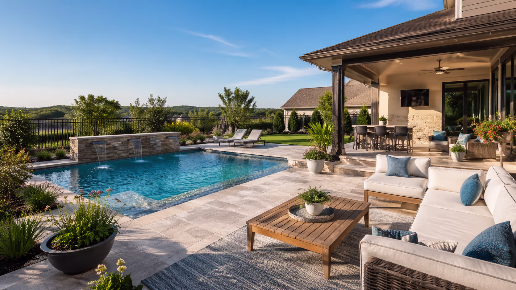 outdoor living Georgetown backyard with poolside design landscaping and seating area