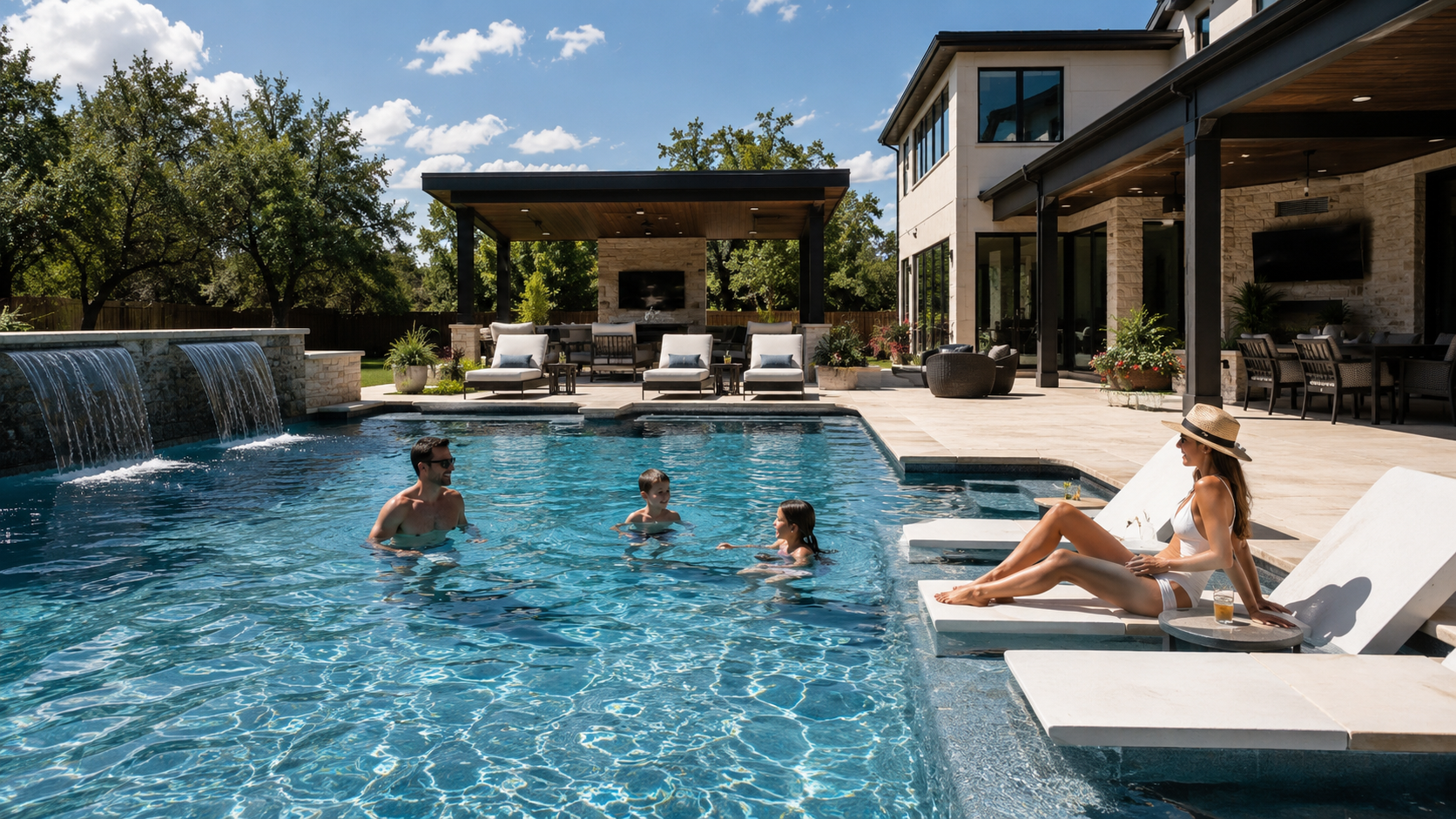 The Benefits of Saltwater Pools for Austin Families 1 Family enjoying a modern saltwater pool in Austin backyard with clean water and relaxing outdoor setup