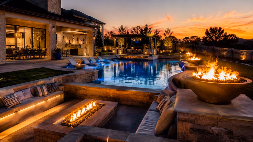 Elegant Round Rock pool featuring fire bowls, modern fire pit design, and stylish outdoor seating creating a cozy poolside ambiance.