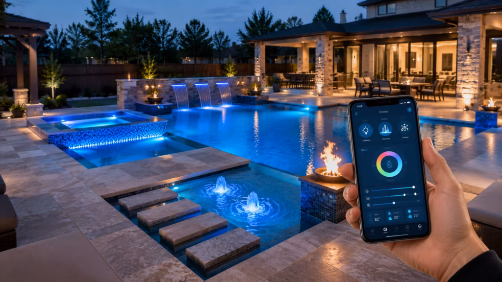 Luxury swimming pool with smart pool automation controls, LED lighting, and automated water features managed through a mobile app.
