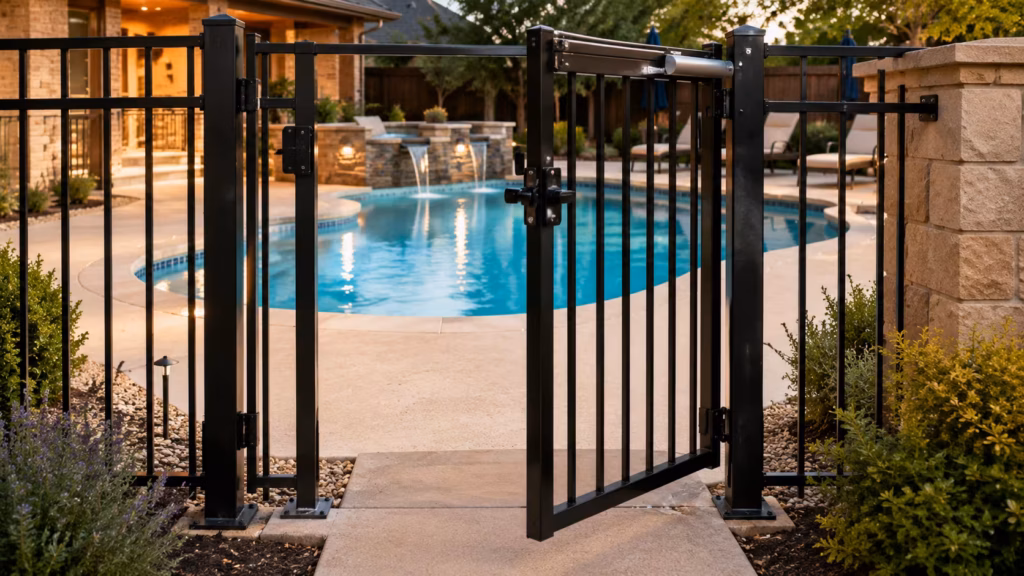 Self-closing pool gate with secure pool gate latch installed around a backyard swimming pool for enhanced safety.