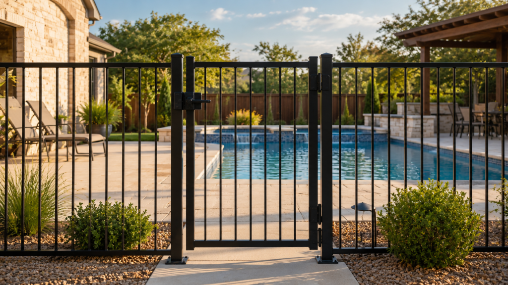 Self-closing pool gate with secure latch installed around a residential swimming pool for enhanced backyard pool safety.