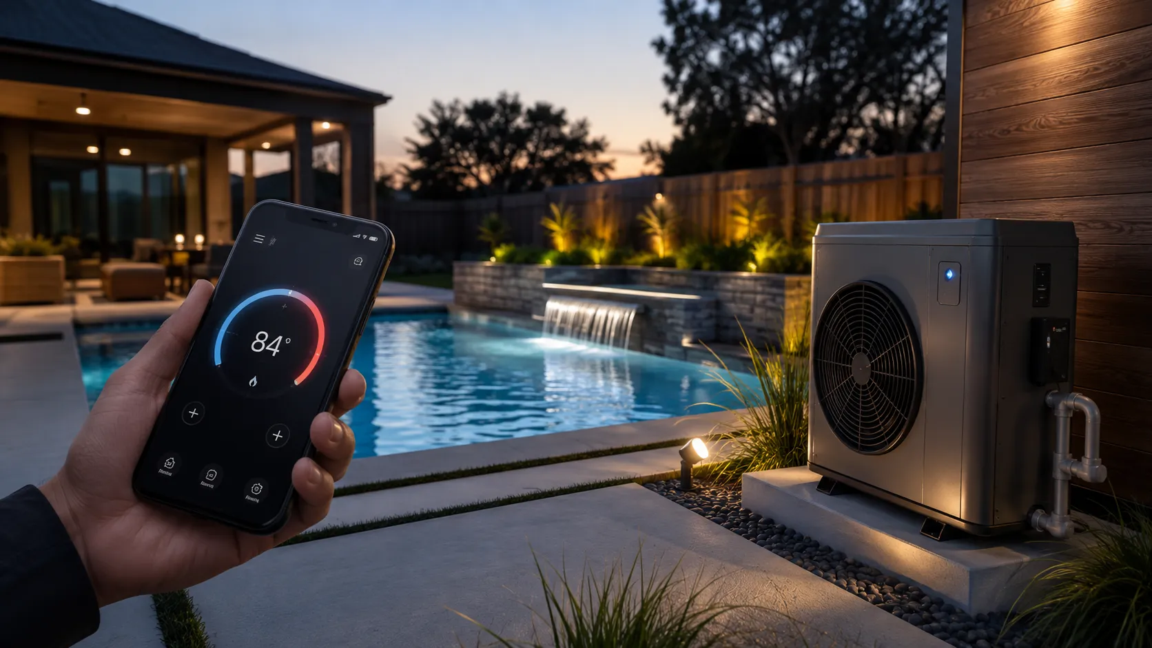 Smart pool heater controlled through a mobile app in a modern backyard swimming pool.