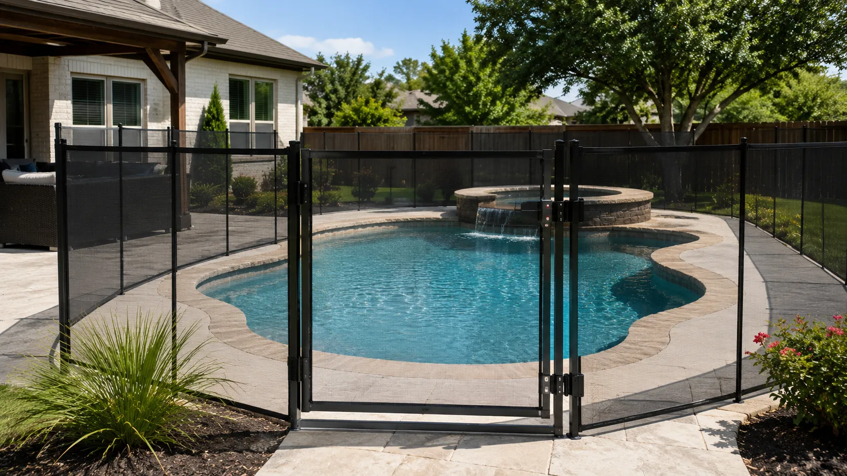 Self-closing pool safety gate with secure latch surrounding a residential backyard swimming pool