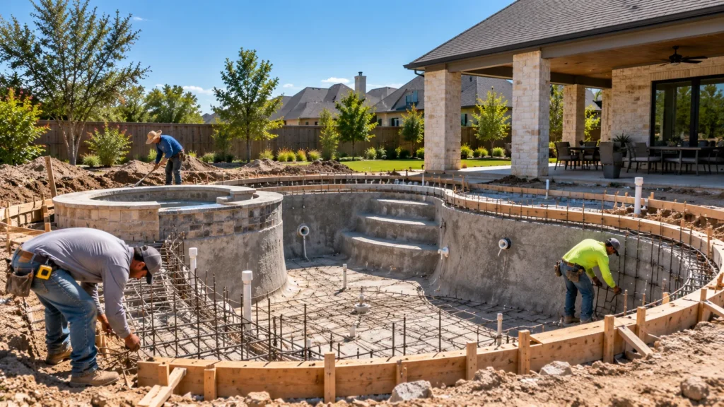 Custom inground swimming pool under construction in a Texas backyard