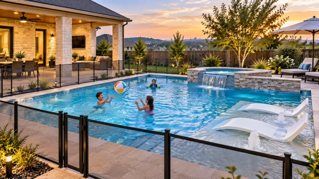 Family-friendly backyard swimming pool with safety features