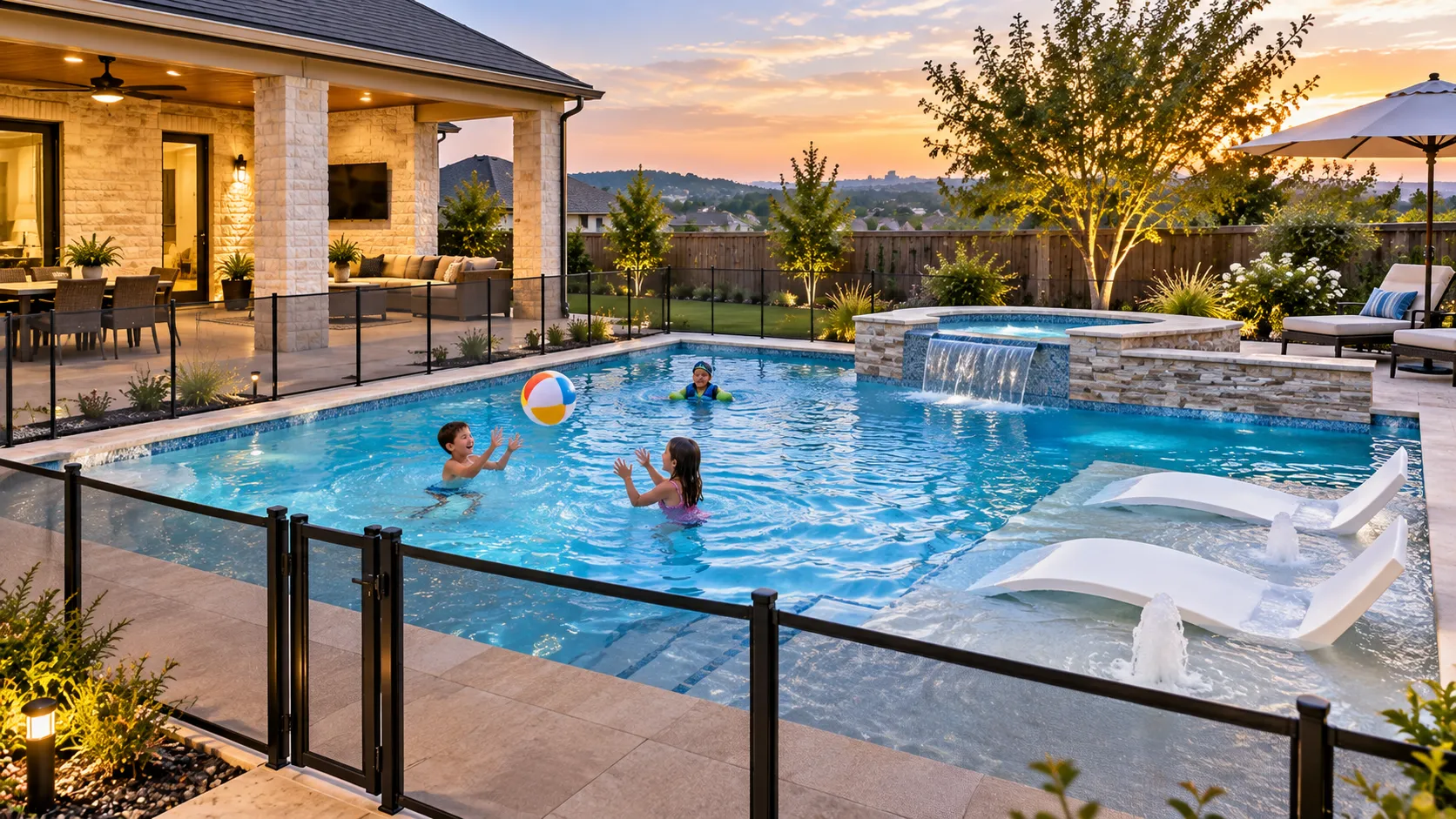 Family-friendly backyard swimming pool with safety features