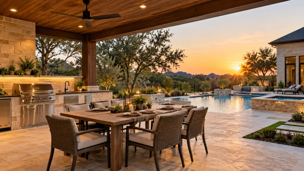 Luxury poolside outdoor dining area with a modern outdoor kitchen