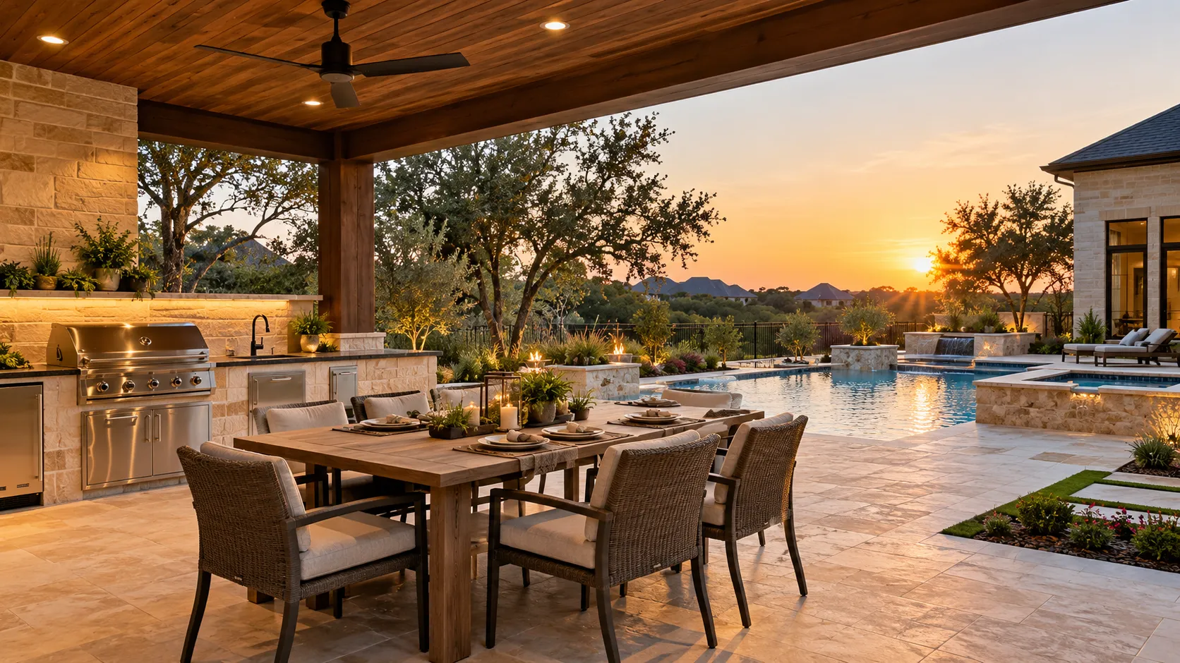 Luxury poolside outdoor dining area with a modern outdoor kitchen