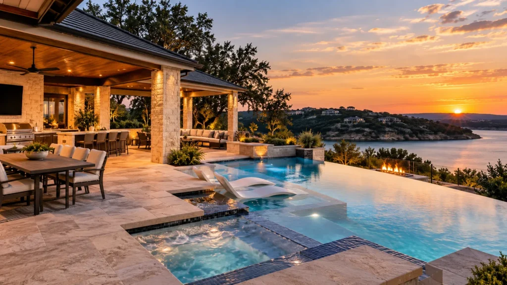 Luxury resort-style pool and outdoor living space at a Lakeway TX home