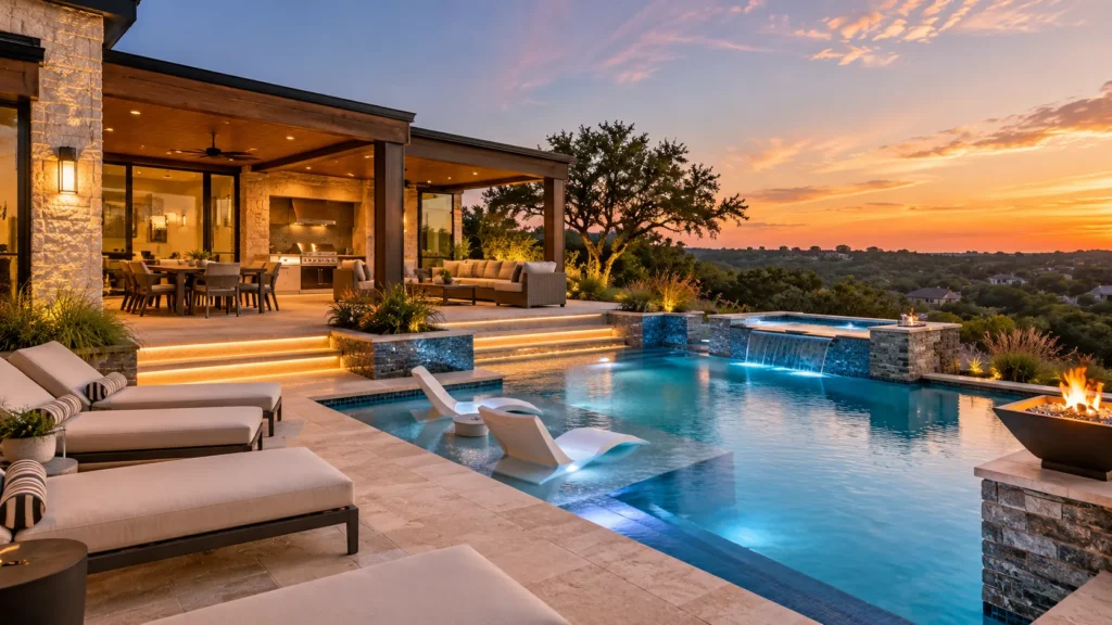 Custom luxury pool designed for an Austin backyard with outdoor living space