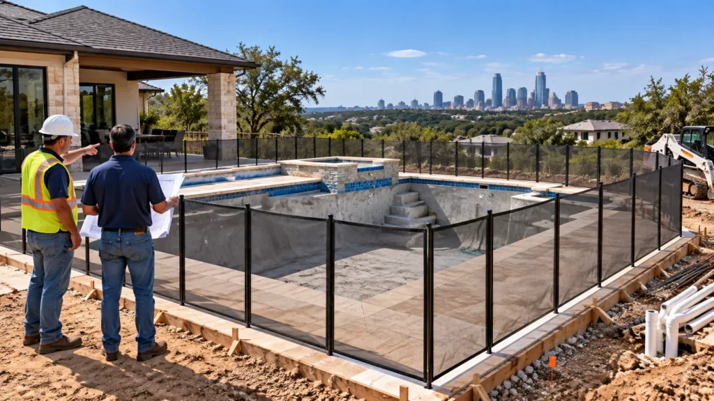 Residential swimming pool construction in Austin, Texas with safety fencing and permit requirements
