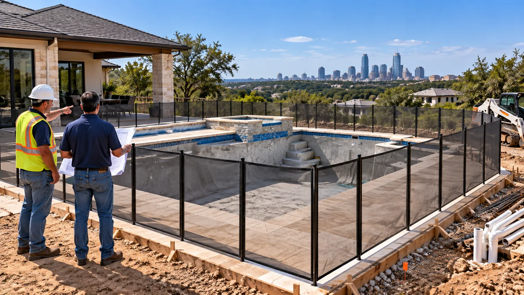 Residential swimming pool construction in Austin, Texas with safety fencing and permit requirements