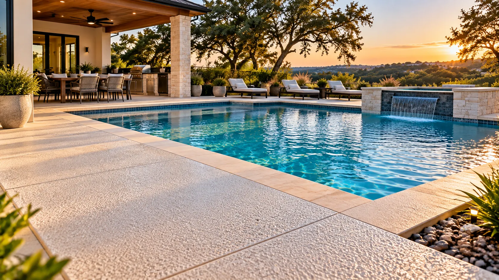 Slip-resistant pool deck with a textured surface designed for improved backyard safety