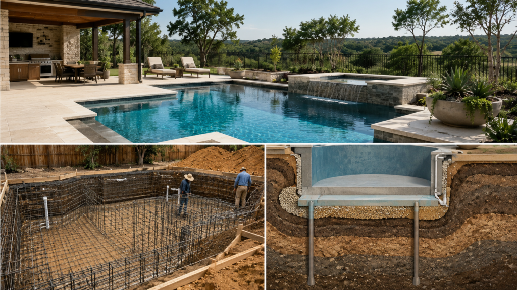 Custom swimming pool construction in Austin with attention to soil conditions and pool foundation stability