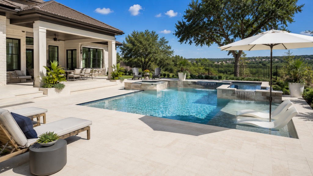 Light-colored pool deck surrounding a swimming pool, designed to stay more comfortable under the hot Texas sun.
