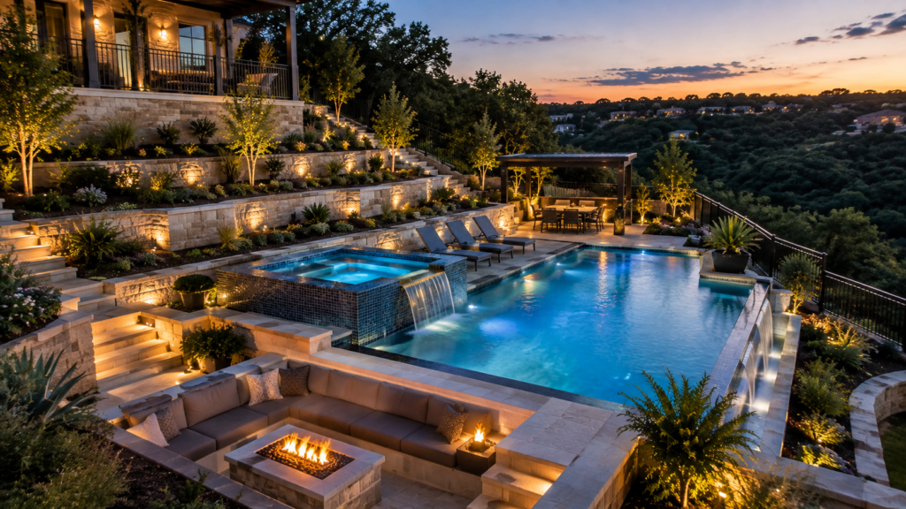 Custom swimming pool built into a sloped Austin backyard with terraced landscaping and retaining walls