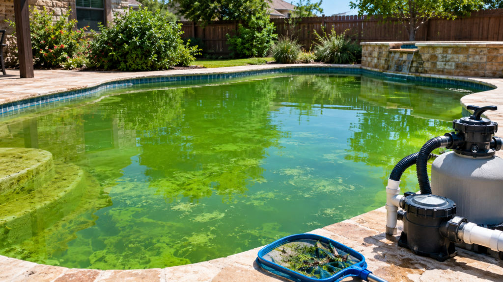 Green swimming pool water caused by algae growth and filtration problems